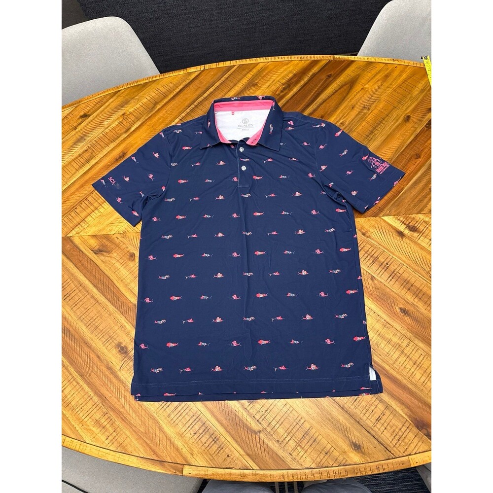 Scales Golf Polo Men's Small Admiral Baker Golf Course Fish Print Navy